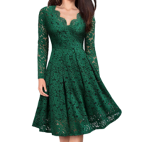 Lace V-neck Long Sleeve Dress - Thumbnail 3