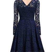 Lace V-neck Long Sleeve Dress - Thumbnail 4