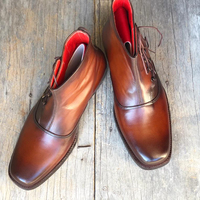 Men's Handmade Tone Brown Ankle Boots Men's Leather Zigzag Style Side Lace Up Boot - Thumbnail 1