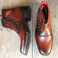 Men's Handmade Tone Brown Ankle Boots Men's Leather Zigzag Style Side Lace Up Boot - Thumbnail 2