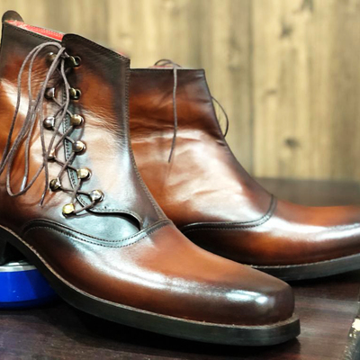 Men's handmade tone brown ankle boots men's leather zigzag style side lace up boot - Thumbnail 5