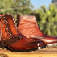 Men's Handmade Tone Brown Ankle Boots Men's Leather Zigzag Style Side Lace Up Boot - Thumbnail 3