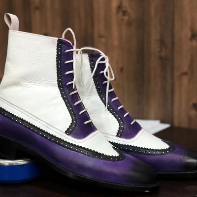 Men's handmade ankle high white & purple wing tip brogue leather lace up boot - Thumbnail 3