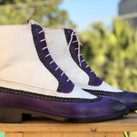 Men's Handmade Ankle High White & Purple Wing Tip Brogue Leather Lace Up Boot - Thumbnail 2