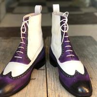 Men's Handmade Ankle High White & Purple Wing Tip Brogue Leather Lace Up Boot - Thumbnail 3