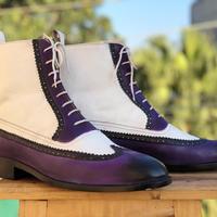 Men's Handmade Ankle High White & Purple Wing Tip Brogue Leather Lace Up Boot - Thumbnail 4