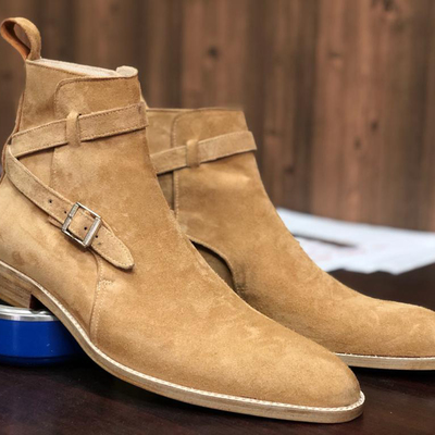 Men's handmade beige ankle high jodhpurs suede boot for men's - Thumbnail 4