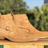 Men's Handmade Beige Ankle High Jodhpurs Suede Boot For Men's - Thumbnail 4