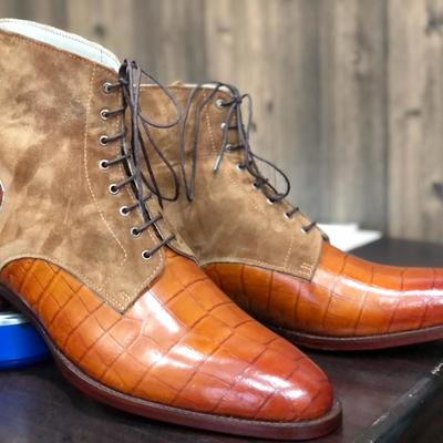 Men's handmade ankle high tan brown crocodile leather suede lace up boot - Thumbnail 3