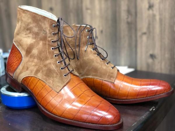 Men's Handmade Ankle High Tan Brown Crocodile Leather Suede Lace Up Boot