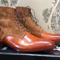 Men's Handmade Ankle High Tan Brown Crocodile Leather Suede Lace Up Boot - Thumbnail 1