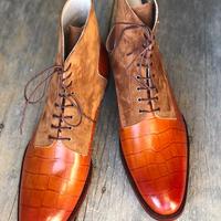 Men's Handmade Ankle High Tan Brown Crocodile Leather Suede Lace Up Boot - Thumbnail 2