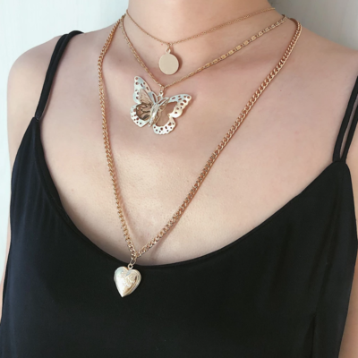 Butterfly and heart multi layer necklaces ( silver + gold )