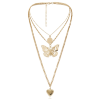 BUTTERFLY AND HEART MULTI LAYER NECKLACES ( Silver + Gold ) - Thumbnail 2