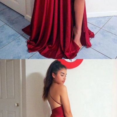 Charming a-line v neck cross back red satin long prom dresses,formal party gown with high split - Thumbnail 4