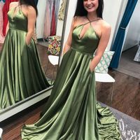 Unique A-Line Halter Open Back Olive Green Satin Long Prom Dresses with Pockets,Formal Party Dresses - Thumbnail 1