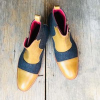 Handmade Ankle High Beige Blue Double Monk Cap Toe Boot, Denim & Leather Boot For Men's - Thumbnail 4