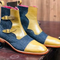 Handmade Ankle High Beige Blue Double Monk Cap Toe Boot, Denim & Leather Boot For Men's - Thumbnail 1