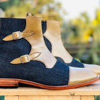 Handmade Ankle High Beige Blue Double Monk Cap Toe Boot, Denim & Leather Boot For Men's - Thumbnail 2