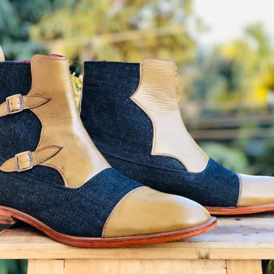 Handmade ankle high beige blue double monk cap toe boot, denim & leather boot for men's - Thumbnail 2