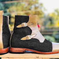 Handmade Ankle High Beige Black Double Monk Cap Toe Boot, Denim & Leather Boot For Men's - Thumbnail 1