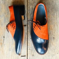 Handmade Stylish Blue & Tan Leather Suede shoes, Men's Lace Up Formal Shoes - Thumbnail 2
