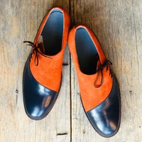 Handmade Stylish Blue & Tan Leather Suede shoes, Men's Lace Up Formal Shoes - Thumbnail 3