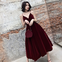Simple burgundy velvet short prom dress - Thumbnail 1
