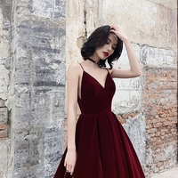 Simple burgundy velvet short prom dress - Thumbnail 2