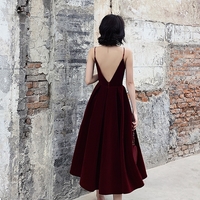 Simple burgundy velvet short prom dress - Thumbnail 3