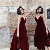 Simple burgundy velvet short prom dress - Thumbnail 4