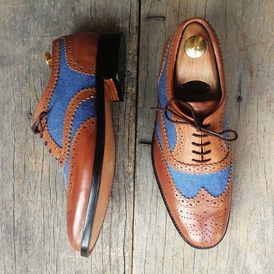 Brown brogue wing tip shoes, handmade leather shoes  - Thumbnail 1