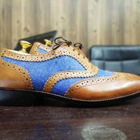 Brown Brogue Wing Tip Shoes, Handmade Leather Shoes  - Thumbnail 4