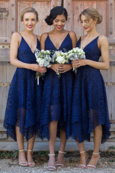 Spaghetti Straps Dark Navy Short Bridesmaid Dresses ,Lace Prom Dress