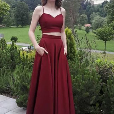 Pretty two pieces spaghetti strap burgundy prom dresses, floor length evening dresses - Thumbnail 4