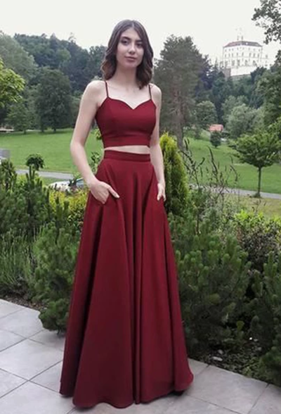 Pretty Two Pieces Spaghetti Strap Burgundy Prom Dresses, Floor Length Evening Dresses