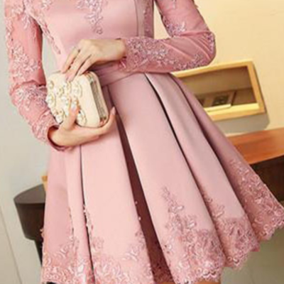 A line long sleeves satin homecoming dresses with applique - Thumbnail 5