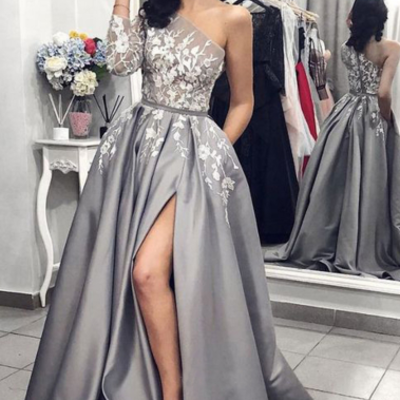 One shoulder long sleeves grey satin split long prom dresses with pockets  - Thumbnail 4