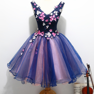 Organza a-line v neck homecoming dresses with appliques - Thumbnail 4