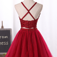 Spaghetti Straps A Line Tulle Two-Piece Homecoming Dresses With Applique - Thumbnail 1