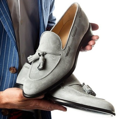 Handmade gray suede tussles loafers for men's - Thumbnail 3