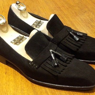 Handmade black suede tussles loafers for men's - Thumbnail 3