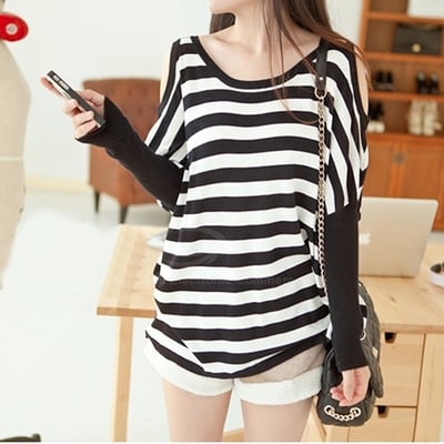 Long sleeve cut out shoulder striped top