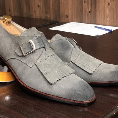 New handmade fringe suede buckle monk shoes for men's - Thumbnail 3