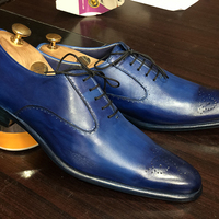 Men's Handmade Stylish Blue Brogue Pointed Toe Leather Lace Up Shoes For Men's - Thumbnail 1