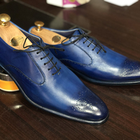 Men's Handmade Stylish Blue Brogue Pointed Toe Leather Lace Up Shoes For Men's - Thumbnail 2