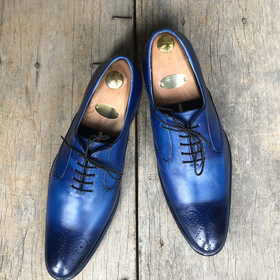 Men's handmade stylish blue brogue pointed toe leather lace up shoes for men's - Thumbnail 3