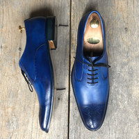 Men's Handmade Stylish Blue Brogue Pointed Toe Leather Lace Up Shoes For Men's - Thumbnail 3