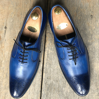 Men's Handmade Stylish Blue Brogue Pointed Toe Leather Lace Up Shoes For Men's - Thumbnail 4