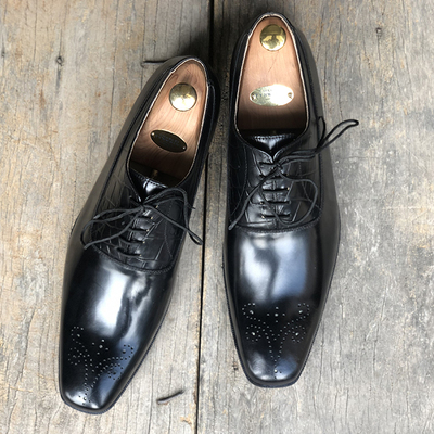 Men's handmade stylish black brogue pointed toe leather lace up shoes for men's - Thumbnail 2